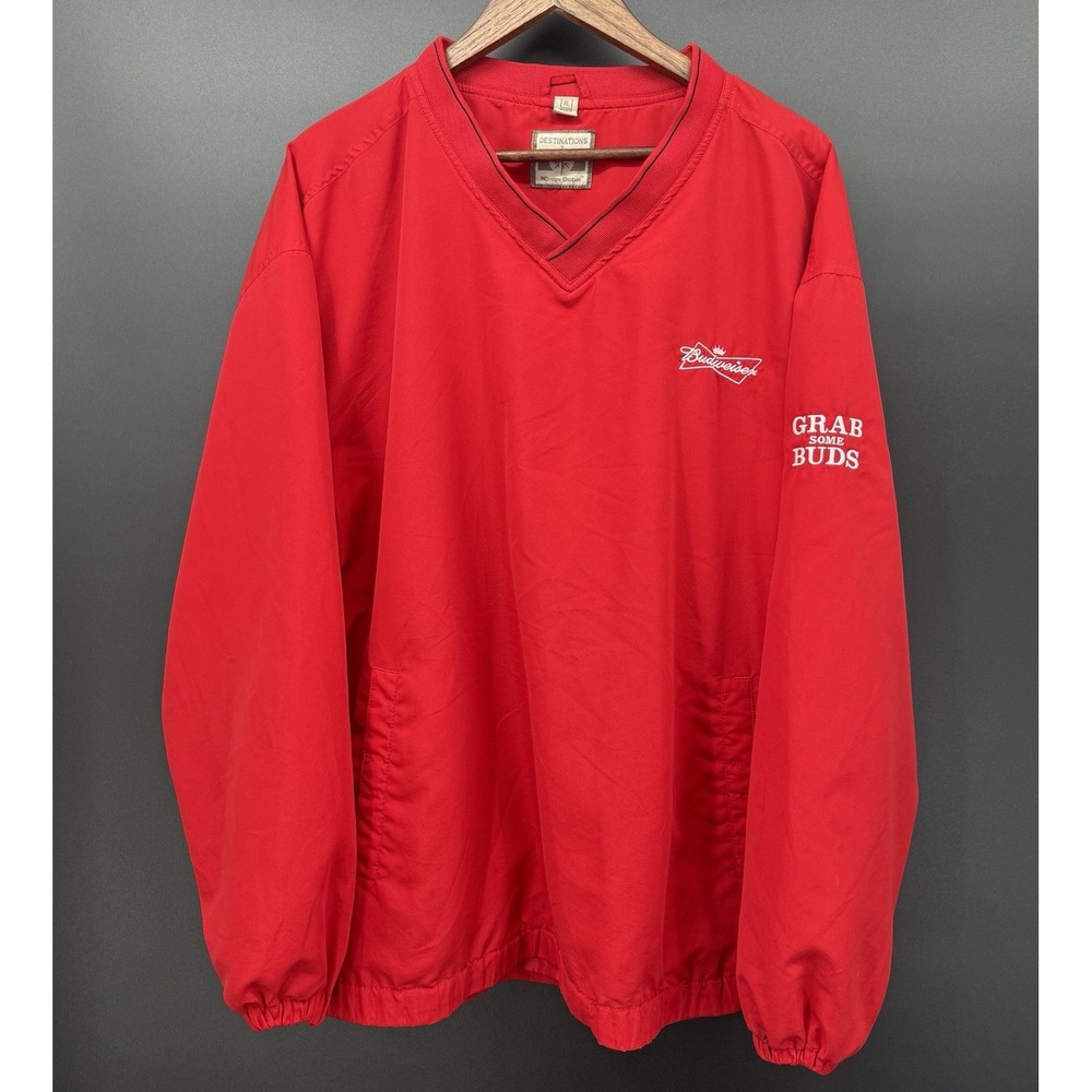Budweiser Grab Some Buds Red V Neck Pullover Windbreaker Jacket Mens XL Y2K